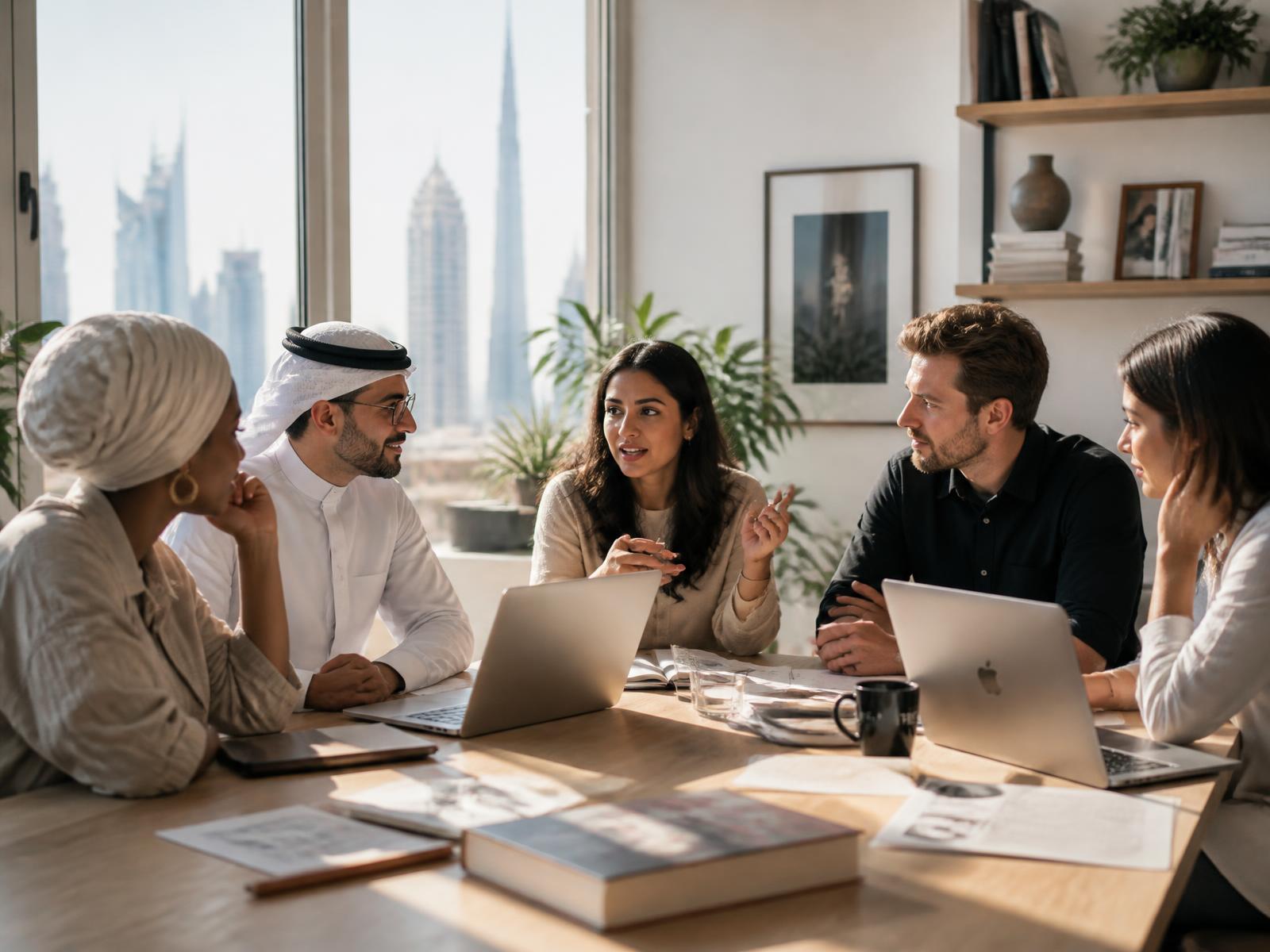 A diverse international team collaborating naturally around a sunlit table in a Dubai studio