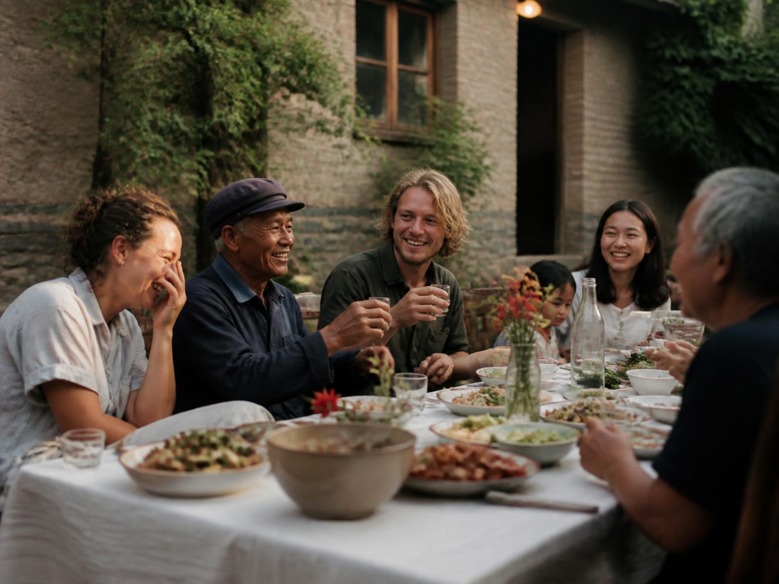 Local community members and visiting travellers sharing a meal together at a long outdoor table