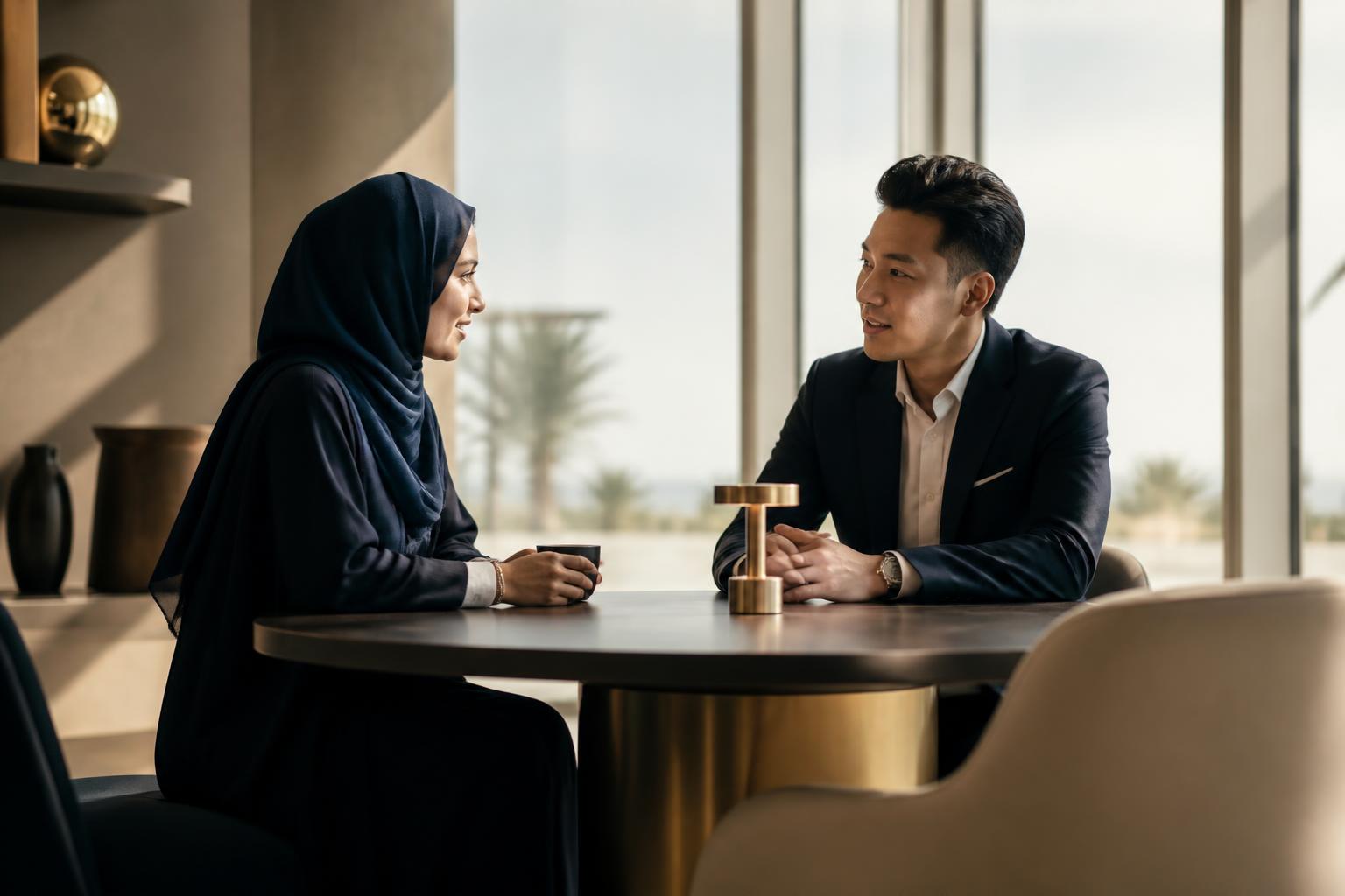 Two professionals in warm conversation in a sunlit, minimalist space