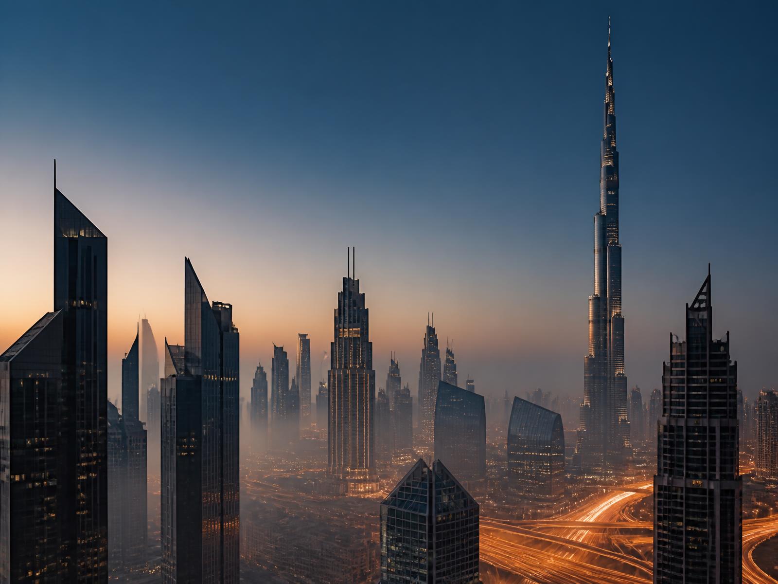 The Dubai skyline at blue hour, seen through soft evening haze